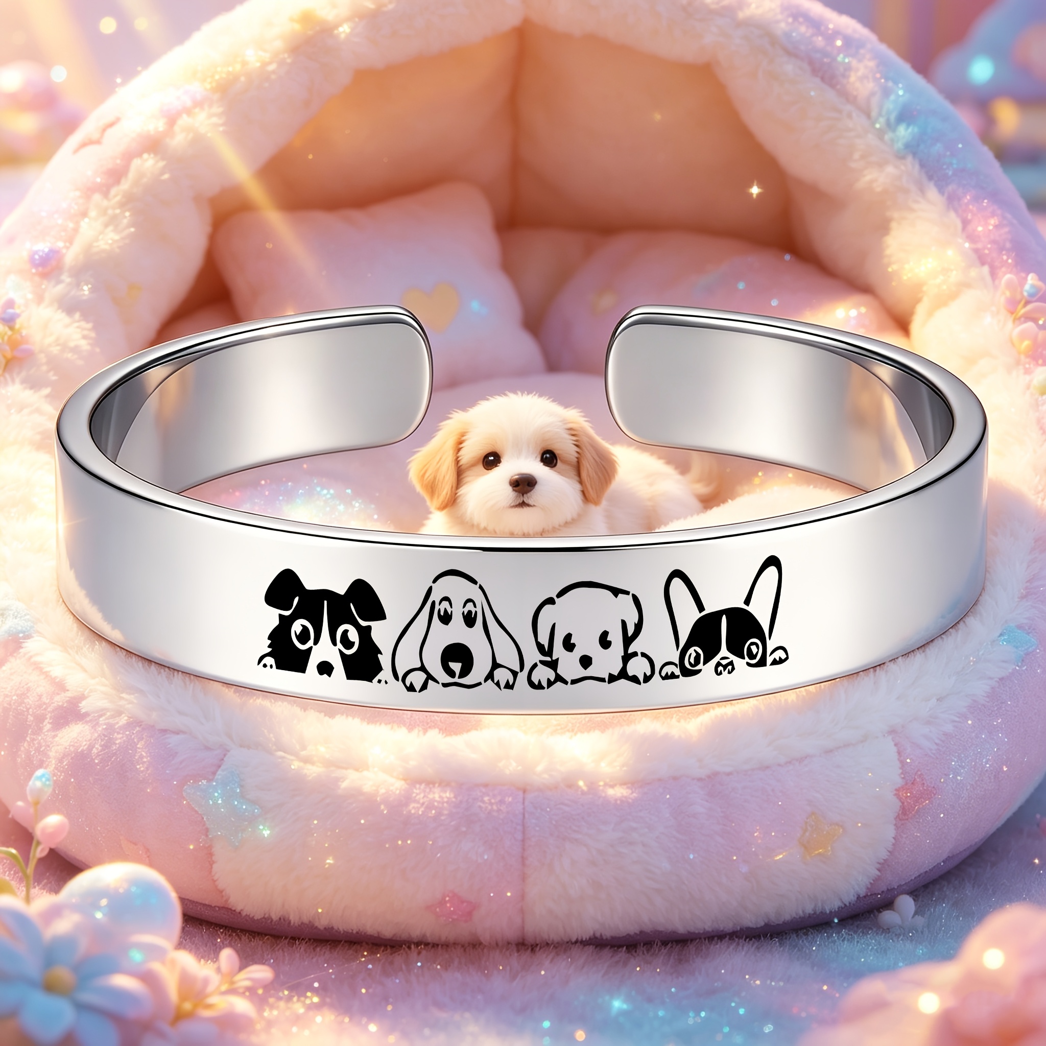 Cute Dog Silhouette 304 Stainless Steel Open Bangle Bracelet, Gift for Pet Lovers